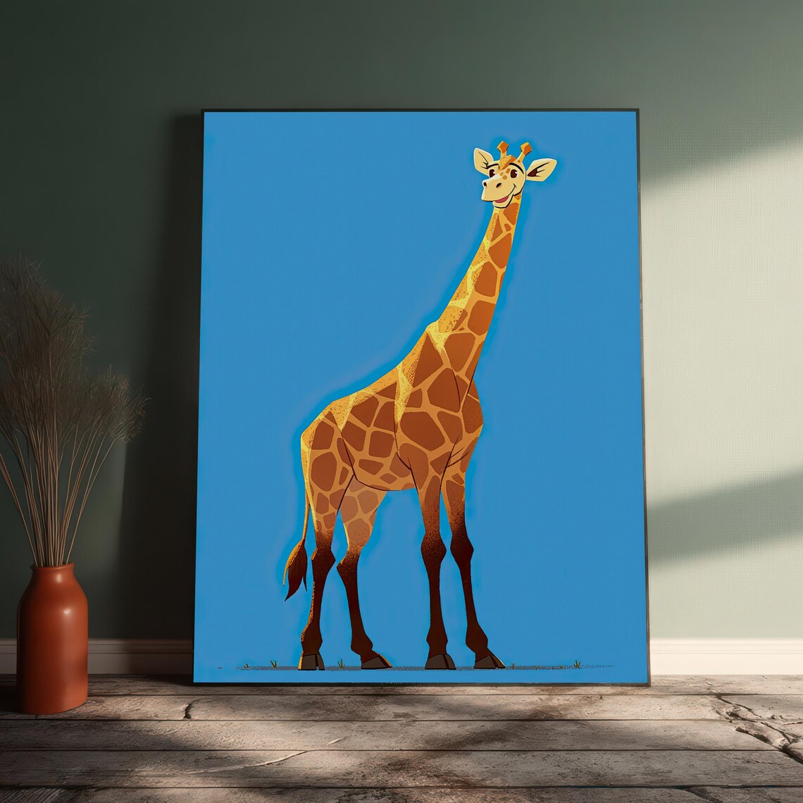 Smiling Giraffe Art Print Cute Safari Animal Wall Kids Room Or Nursery Decor Blue Background