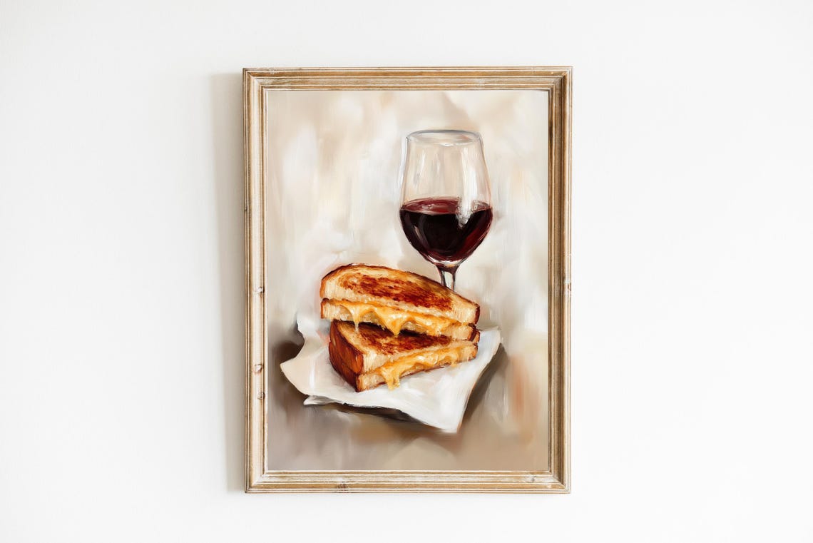 Grilled Cheese Sandwich and Red Wine Fine Art Painting Poster