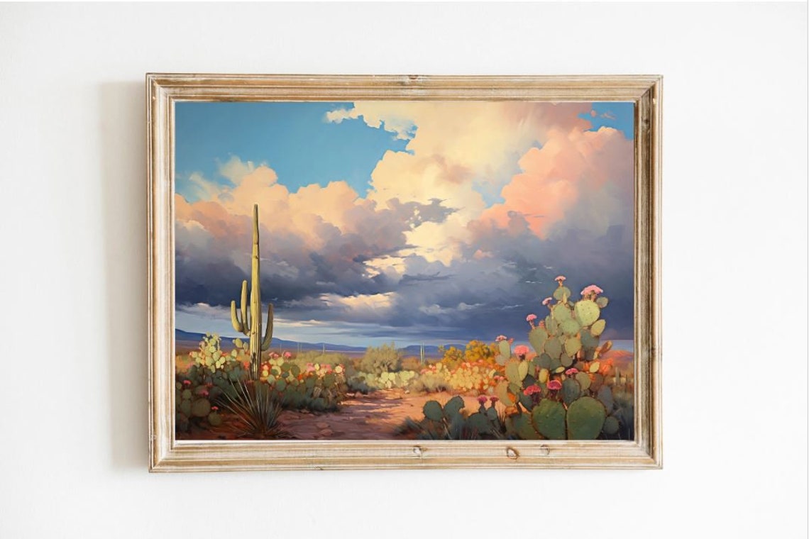 Desert Cactus Landscape under a Stormy Sunset Sky Painting Poster