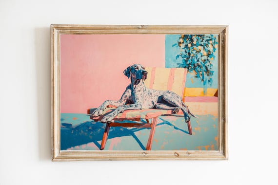 Great Dane On Pink Pool Lounger Art Print Maximalist Wall Girly Cute Quirky Whimsical