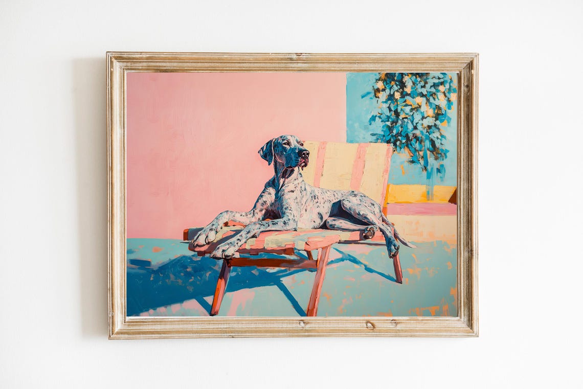 Spotted Dog Relaxing On Pool Chair Playful Bright Summer Art Print