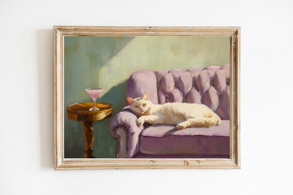 White Cat on Lavender Sofa With Pink Cocktail Painting Art Poster