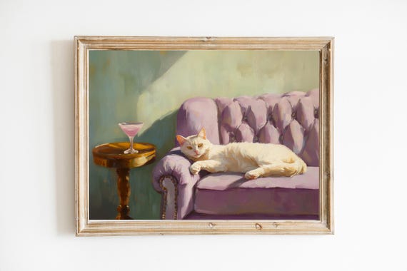 White Cat With Pink Cosmo Art Print Cute Quirky Whimsical Cocktail Bar Cart Decor Fine Gift Trendy Home Wall