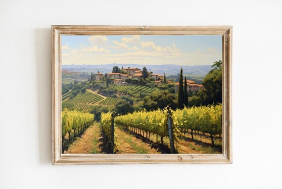 Tuscan Vineyard Hilltop Village Golden Light Oil Painting Poster