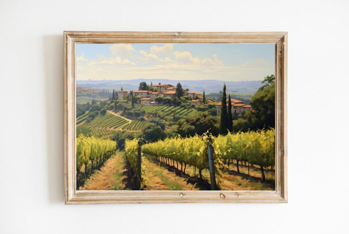 Tuscan Vineyard Hilltop Village Golden Light Oil Painting Poster