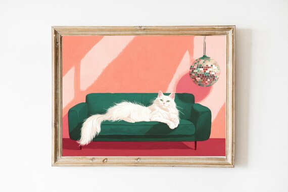 White Fluffy Cat Lounging By Disco Ball Retro Funny Art Poster