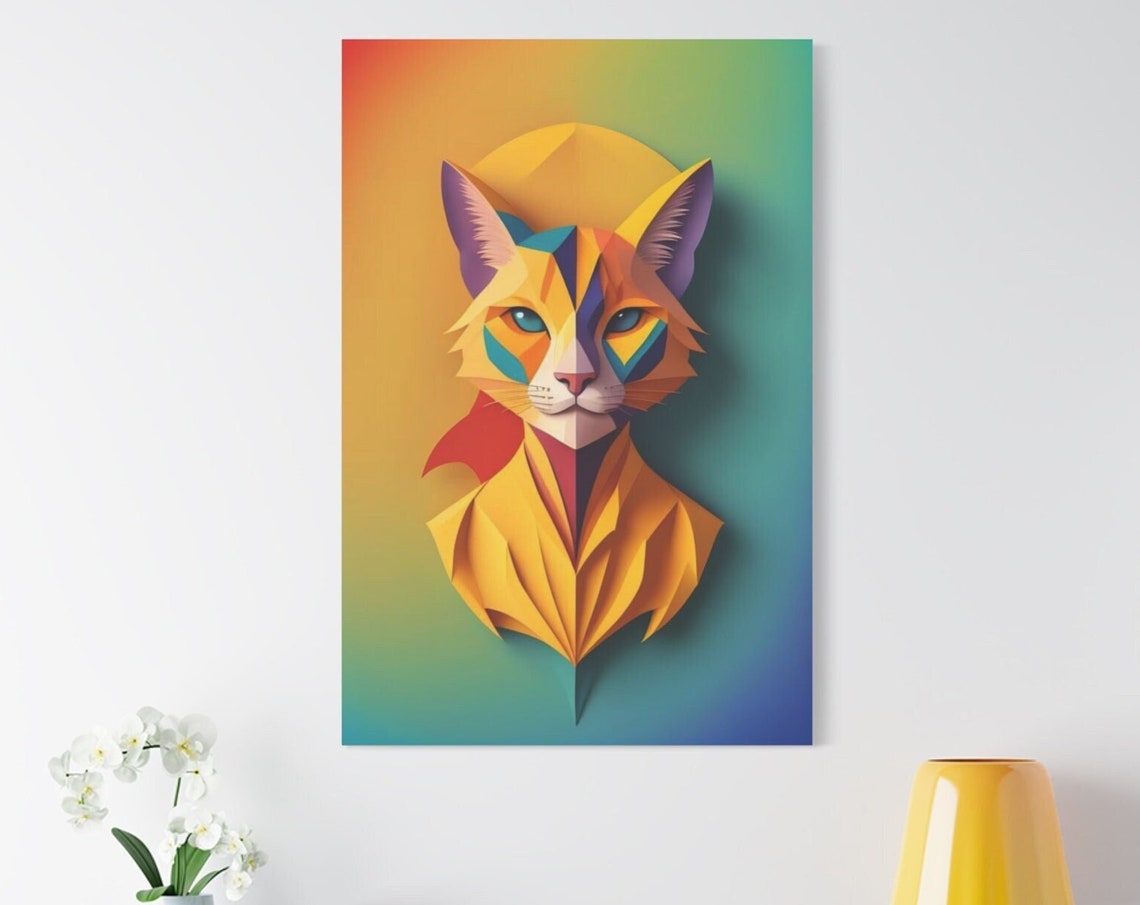 Colorful Geometric Cat Art Polygonal Cat Wall Art Abstract Animal Painting Animal Wall Art Cat Lover Gift Stretched 125