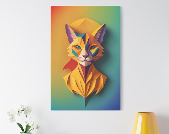 Colorful Geometric Cat Art Polygonal Cat Wall Art Abstract Animal Painting Animal Wall Art Cat Lover Gift Stretched 125