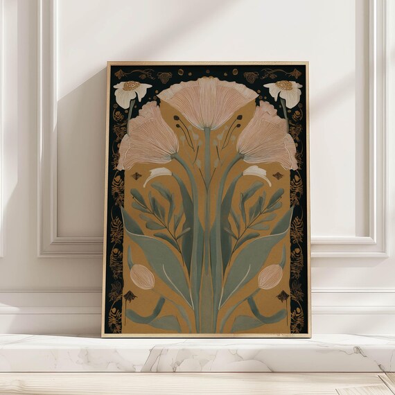 Poppy Daisy Flower Poster, Vintage Art Nouveau Print
