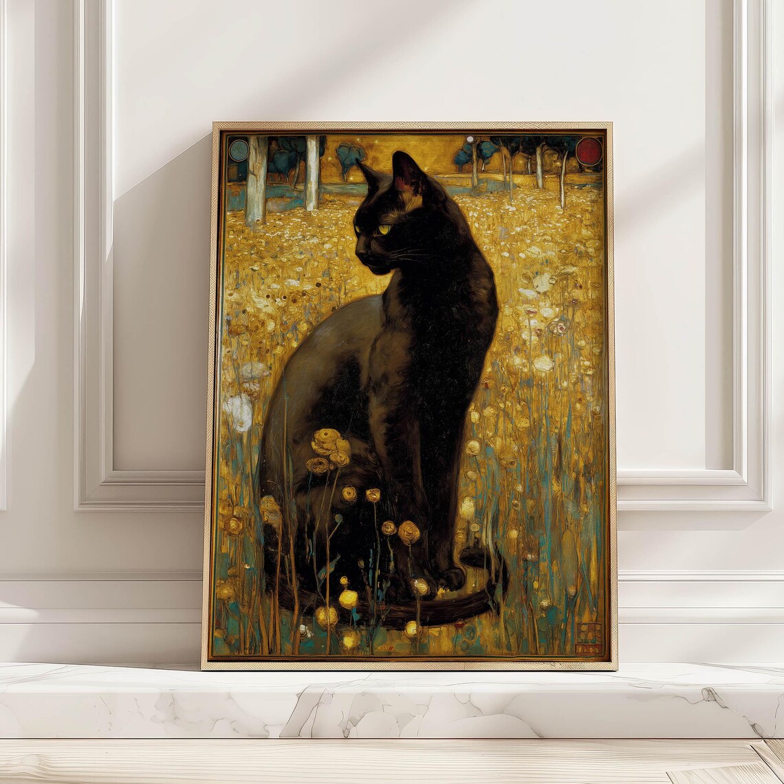 Black Cat In Flower Meadow, Vintage Poster