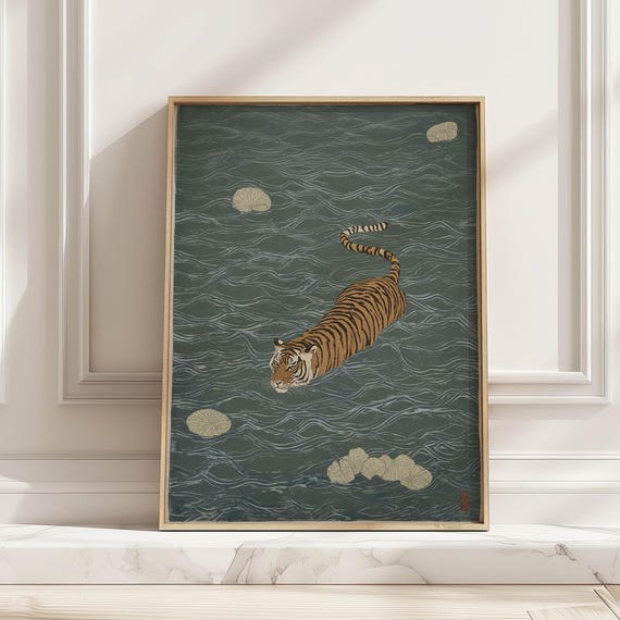 Japanese Swimming Tiger Art Print Minimalist Ukiyoe Style Poster Modern Asian Vintage Wall