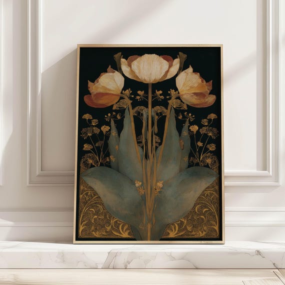 Dark Vintage Tulip Art Print Moody Gold Botanical Poster Elegant Floral Bedroom Living Room