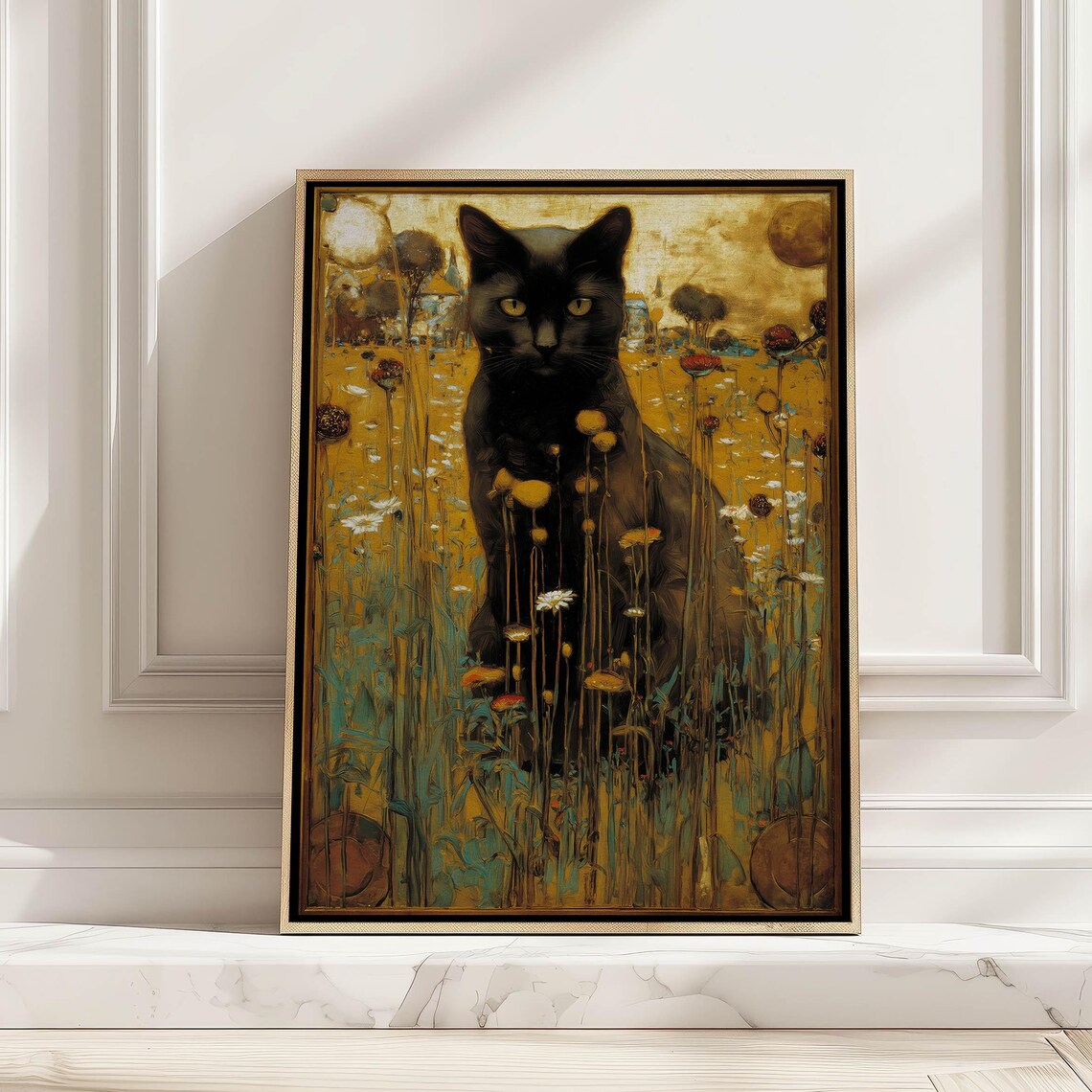 Black Cat In Wildflower Meadow, Vintage Art Print