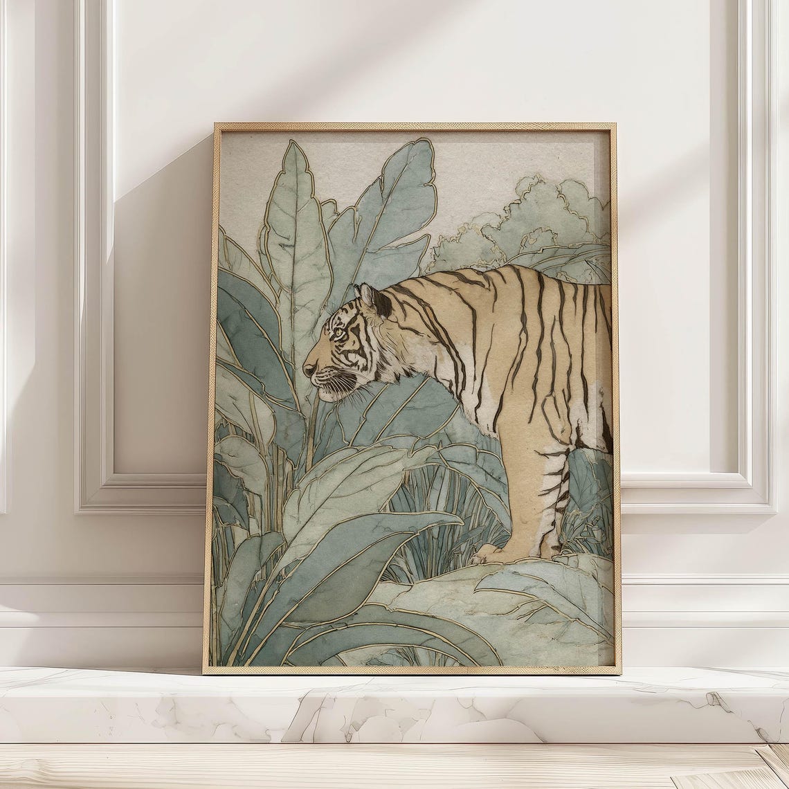 Jungle Tiger Among Sage Botanical Leaves Muted Vintage Wildlife Poster