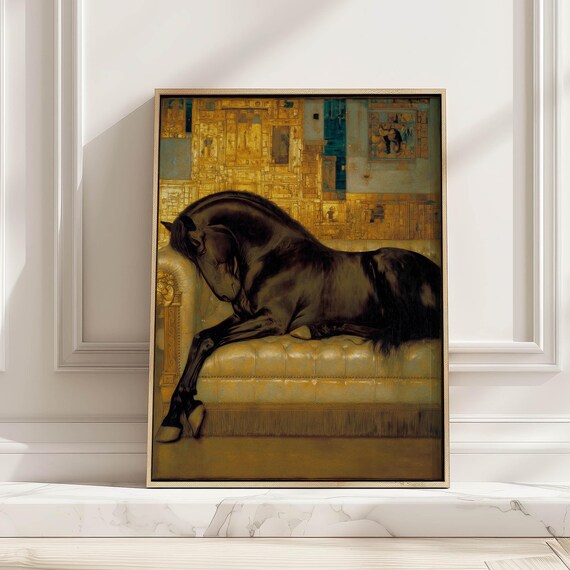Black Horse Resting On Victorian Sofa Art Print Elegant Golden Abstract Deco Poster Living Room Decor