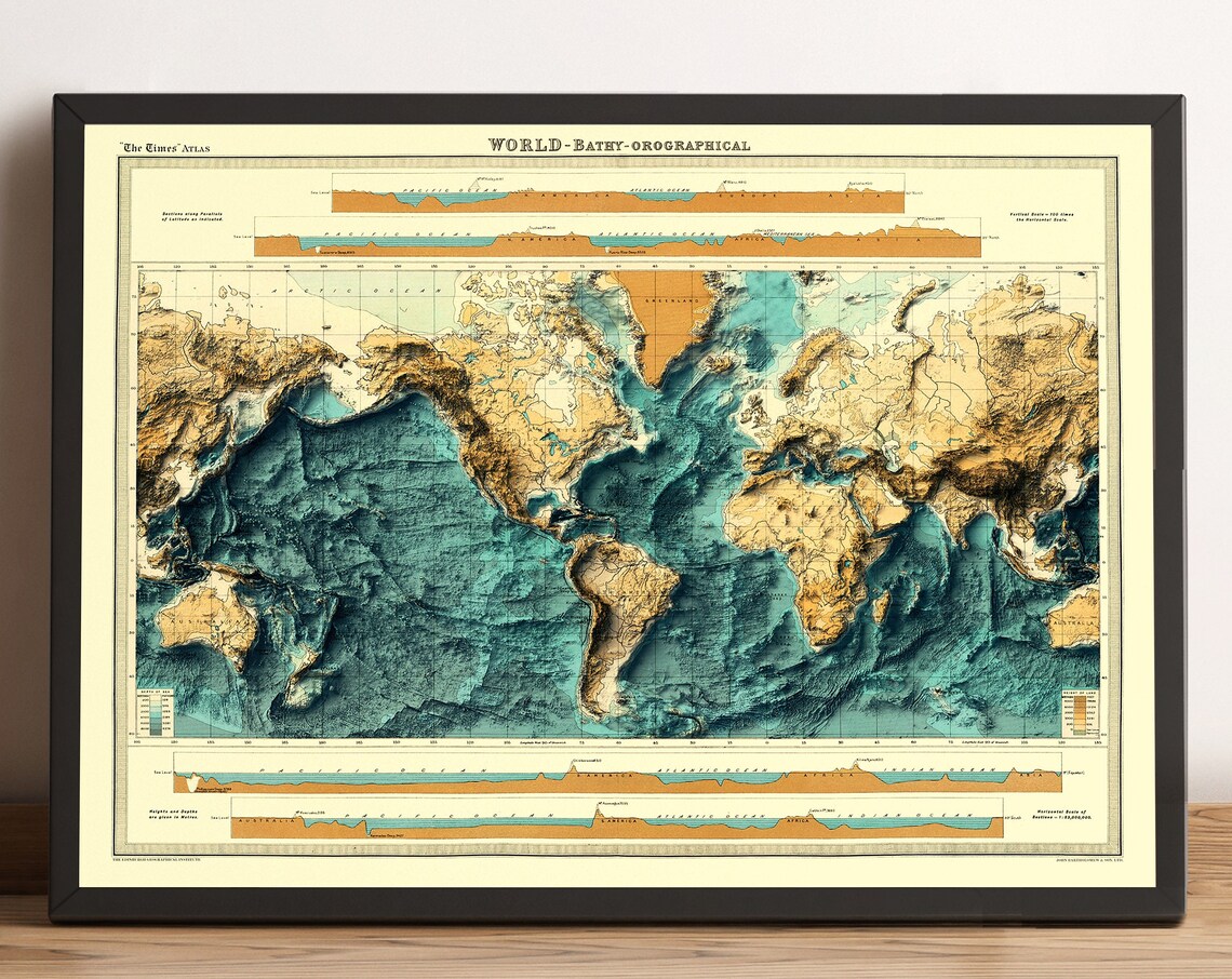 The Times Atlas World Bathy Orographical Ocean Relief Map Poster
