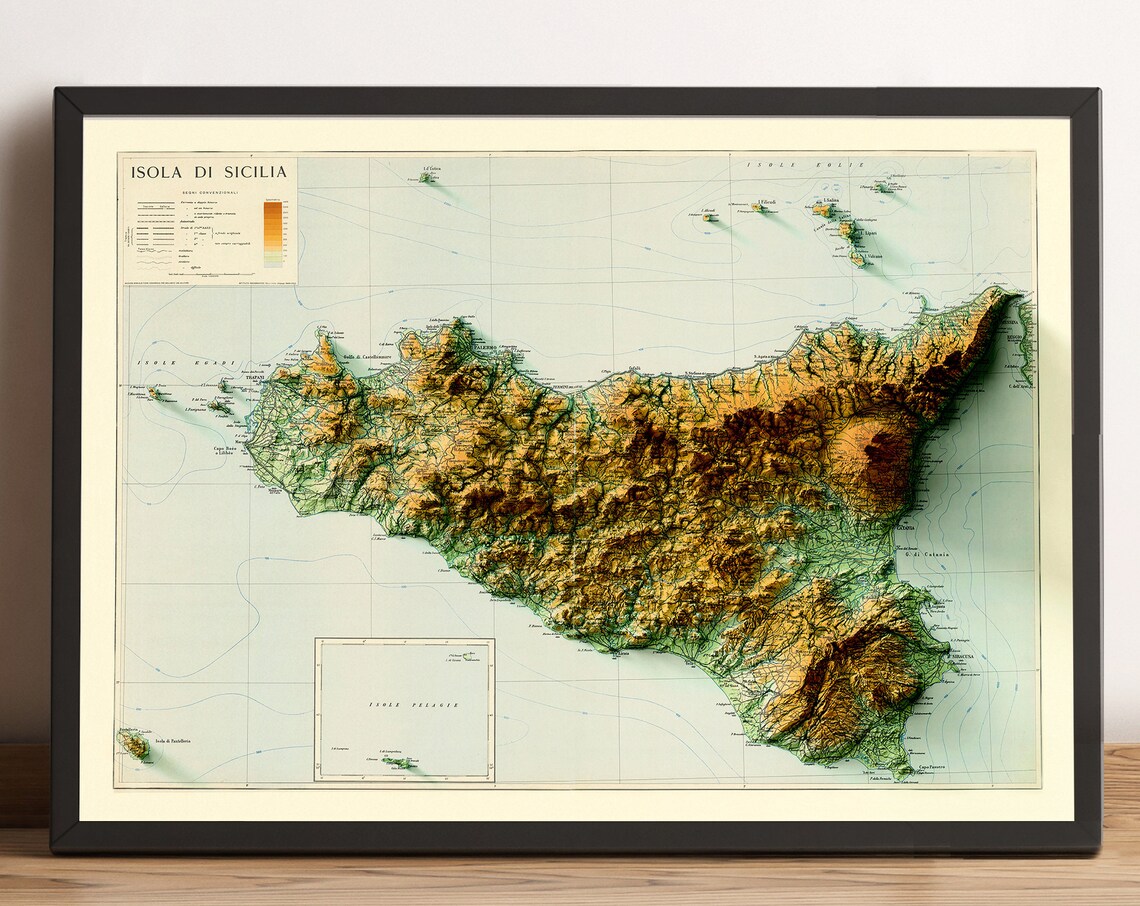 Isola Di Sicilia Vintage Relief Map Italian Island Cartography Poster