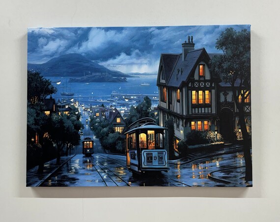 San Francisco Cable Car Rainy Night Street City Lights Painting Poster