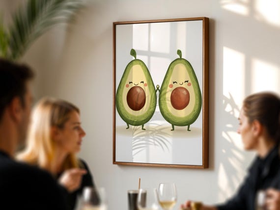 Cute Avocado Couple Wall Art Kawaii Print Funny Kitchen Decor Best Friend Gift Food Playful Nursery Poster