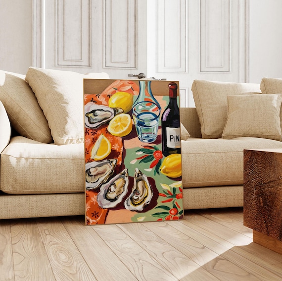 Oysters Lemons Wine Bottle Colorful Mediterranean Table Poster