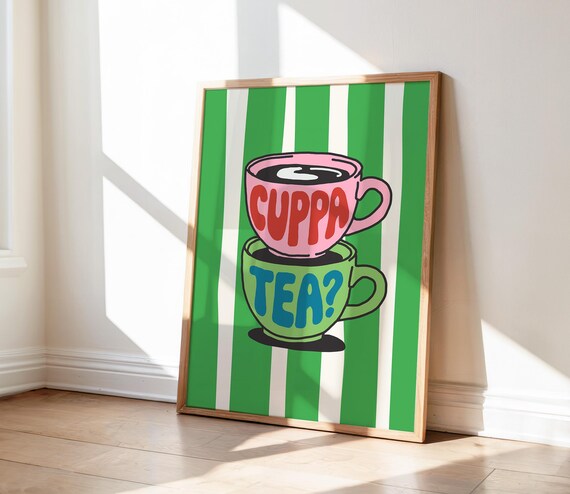 Cuppa Tea Stacked Teacups Retro Kitchen Illustration Poster Striped
