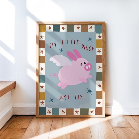 Flying Pig Print Funny Nursery Wall Art Farm Animal Trendy Boho Playroom Child Quirky Retro Cottage Core Decor