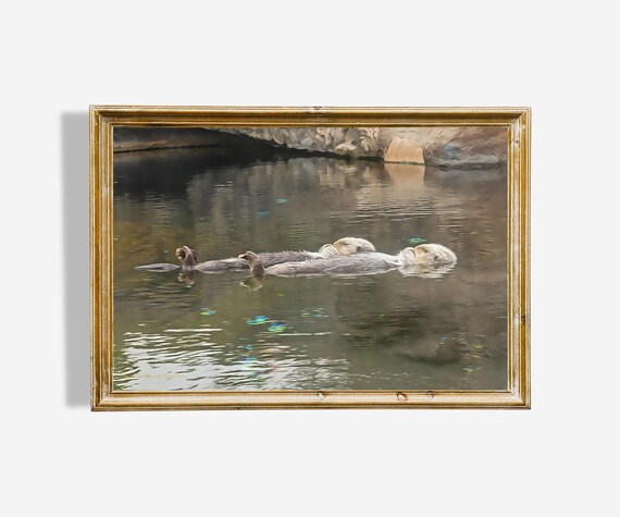 Playful Sea Otters Floating Relaxed Wildlife Oil Painting Poster