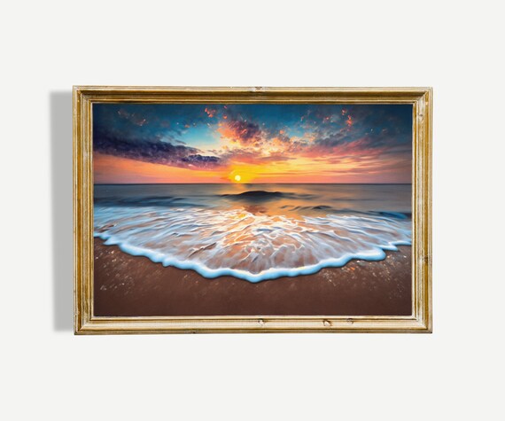 Vibrant Ocean Sunset Waves Washing Golden Beach Shore Art Poster