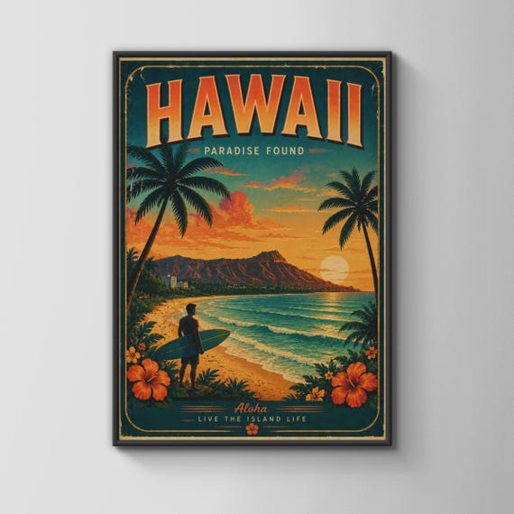 Hawaii Vintage Travel Poster Retro Surf Beach Wall Art Tropical Sunset Print Aloha