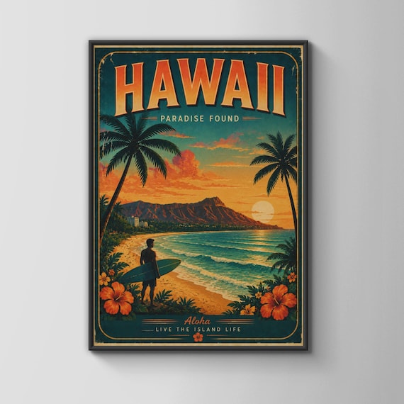 Hawaii Vintage Travel Poster Surf Beach Sunset Paradise Found Art