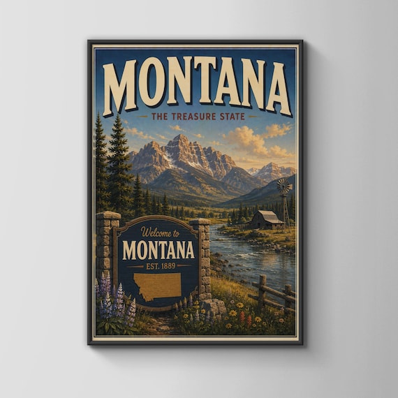 Montana Treasure State Mountain River Vintage Wilderness Poster