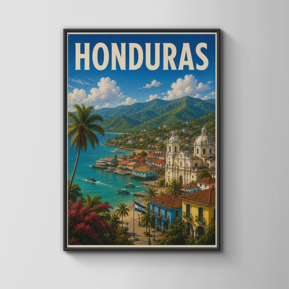 Honduras Tropical Coastal Town Cathedral Harbor Travel Poster