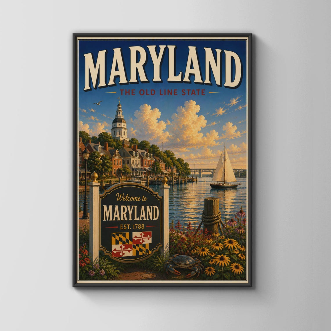 Maryland The Old Line State Annapolis Harbor Vintage Travel Poster