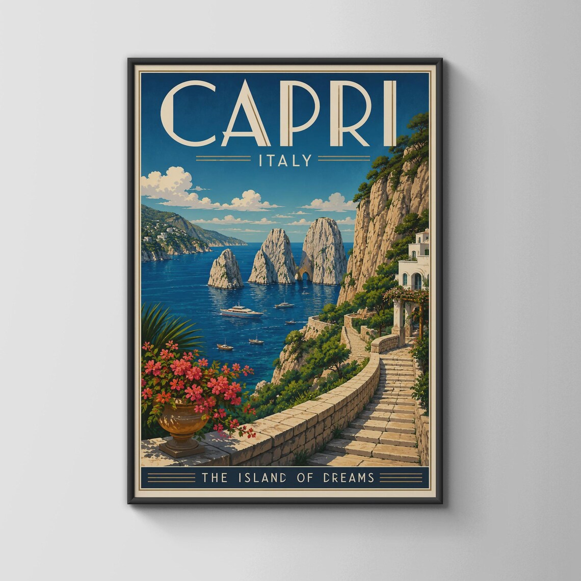 Capri Italy Vintage Travel Poster, Faraglioni Rocks