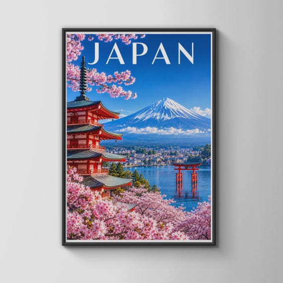Japan Travel Poster Mount Fuji Cherry Blossom Print Red Pagoda Torii Gate Wall Art