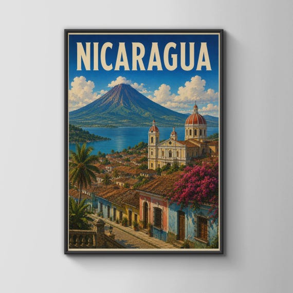 Nicaragua Vintage Travel Poster Granada Cathedral Volcano Lake Wall Art Print