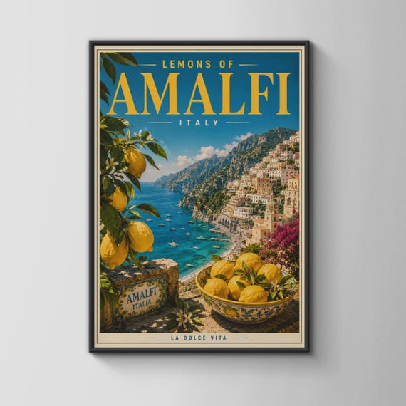Lemons Of Amalfi Italy Wall Art Vintage Travel Poster Coastal Decor Italian Lemon