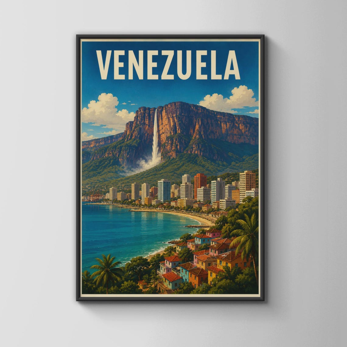 Venezuela Waterfall City Coastal Vintage South America Travel Poster