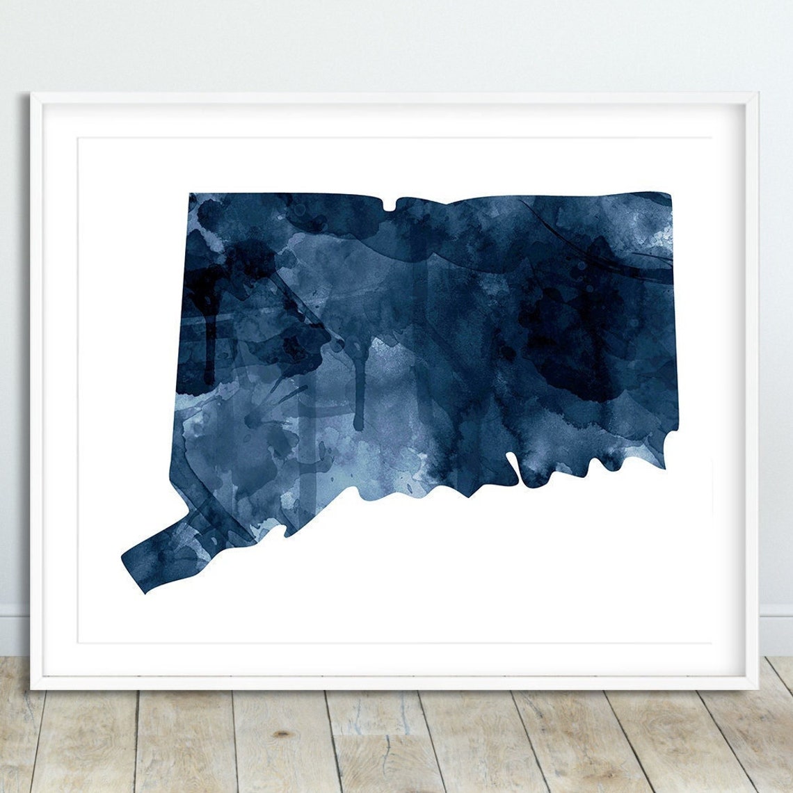 Connecticut State Navy Blue Watercolor Map Silhouette Modern Art Print