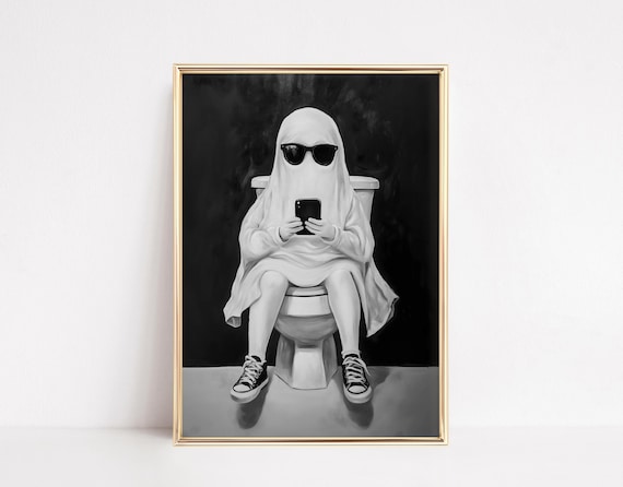 Funny Ghost On Toilet Bathroom Halloween Decor, Art Print