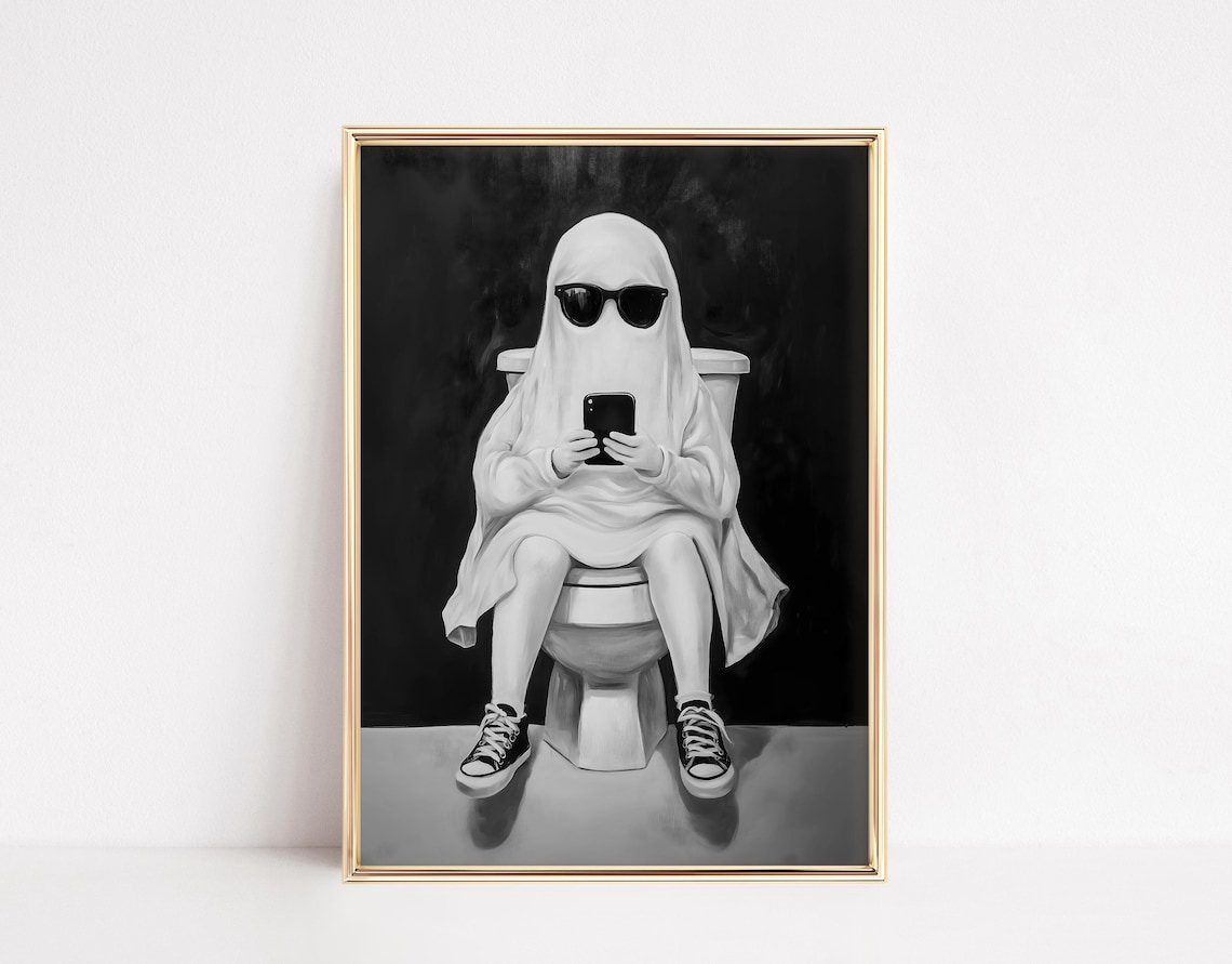 Funny Ghost On Toilet Bathroom Halloween Decor, Art Print