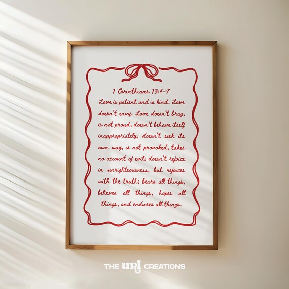 1 Corinthians 134-7 Red Script Ribbon Framed Scripture Art Poster