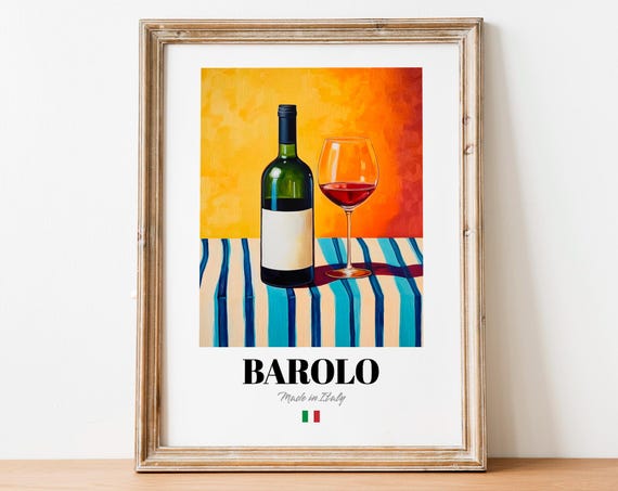 Barolo Made in Italy Red Wine Bottle Glass Striped Table Art Poster