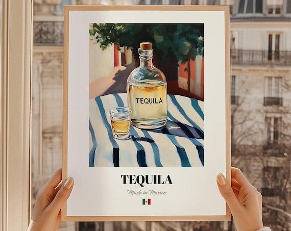 Tequila Bottle Shot Glass Painting Poster Mexican Bar Decor Gift Idea