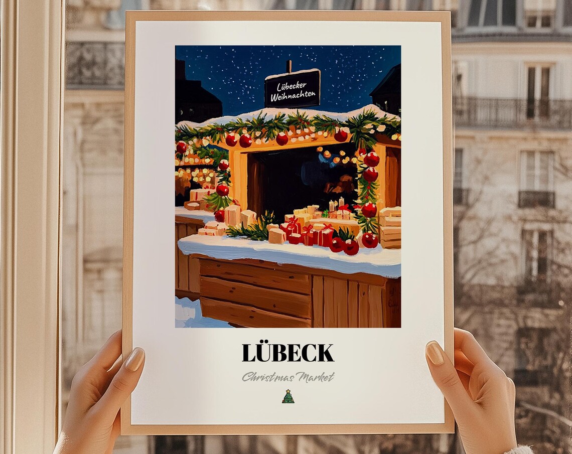 Lubeck Christmas Market Wooden Stall Snow Night Holiday Poster