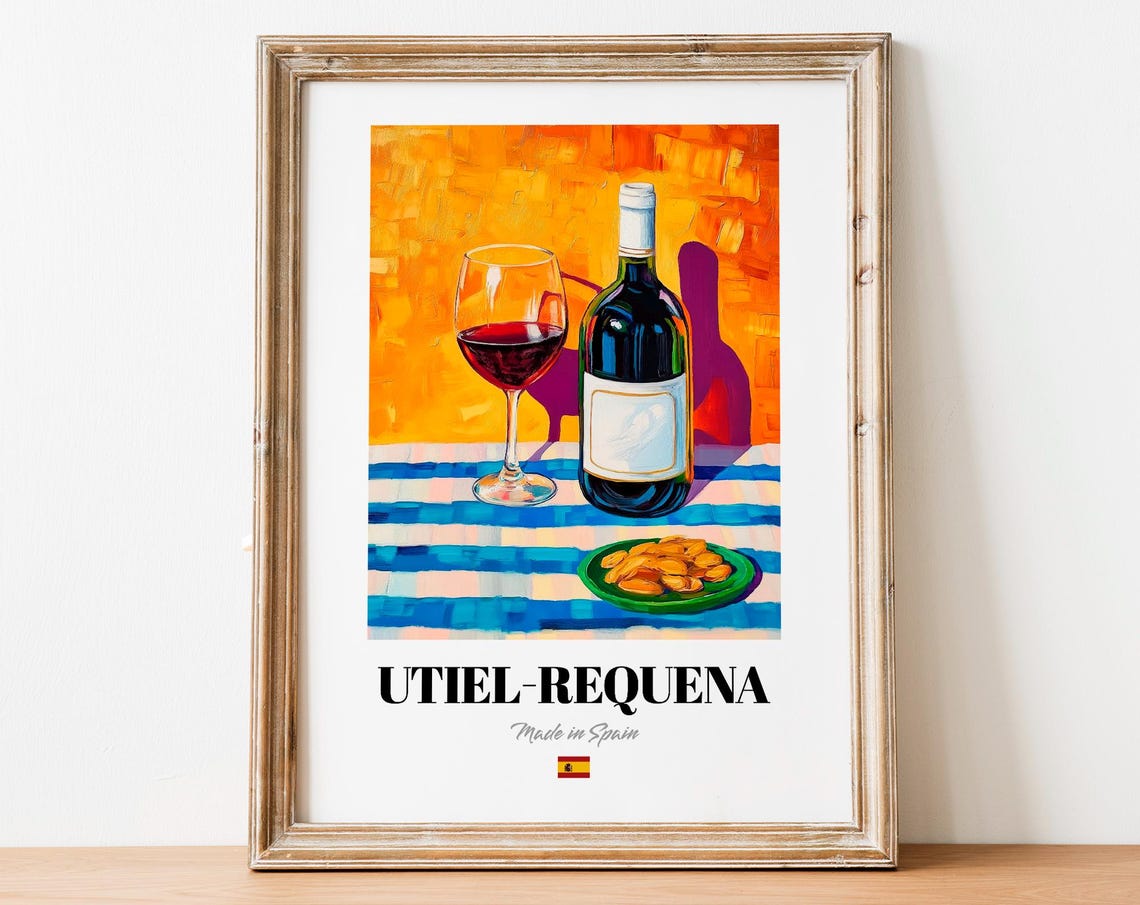 Utiel-Requena Spanish Wine Bottle Glass and Almonds Wall Poster