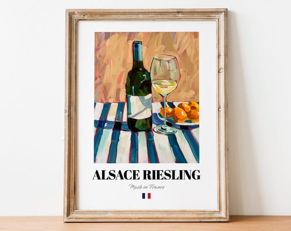 Alsace Riesling Wine Glass Oranges Blue Striped Cloth Art Poster