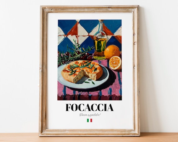 Italian Focaccia Bread Still Life Poster Rustic Kitchen Wall Decor Art