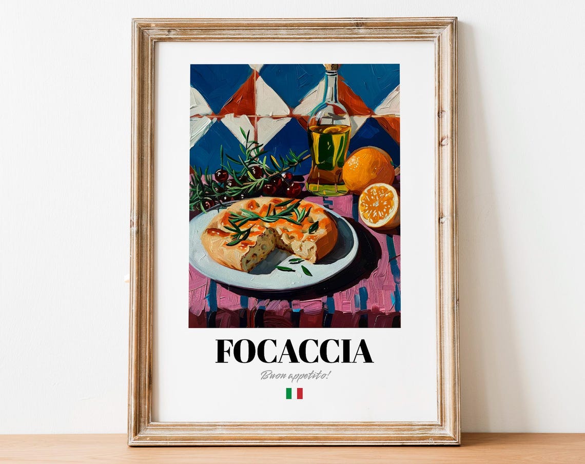 Italian Focaccia Bread Still Life Poster Rustic Kitchen Wall Decor Art