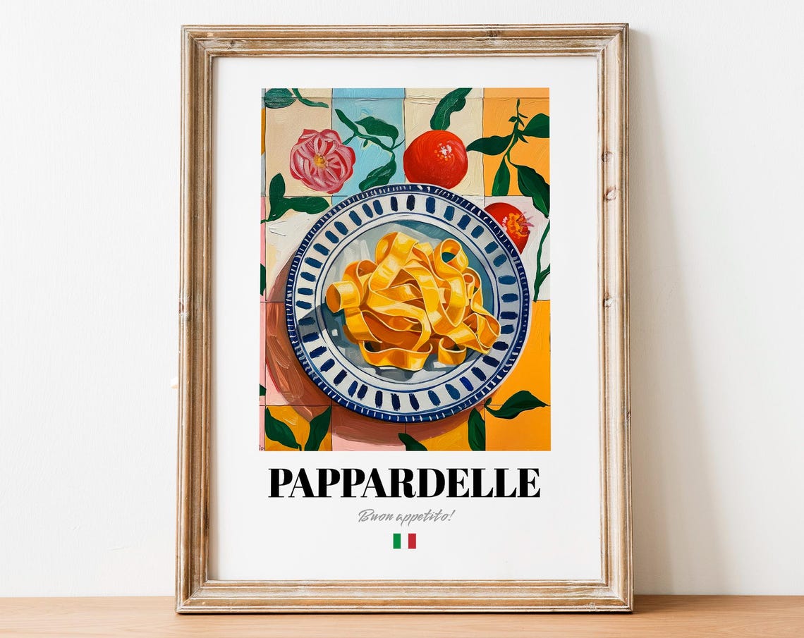 Pappardelle Pasta Italian Kitchen Poster With Colorful Tile Background